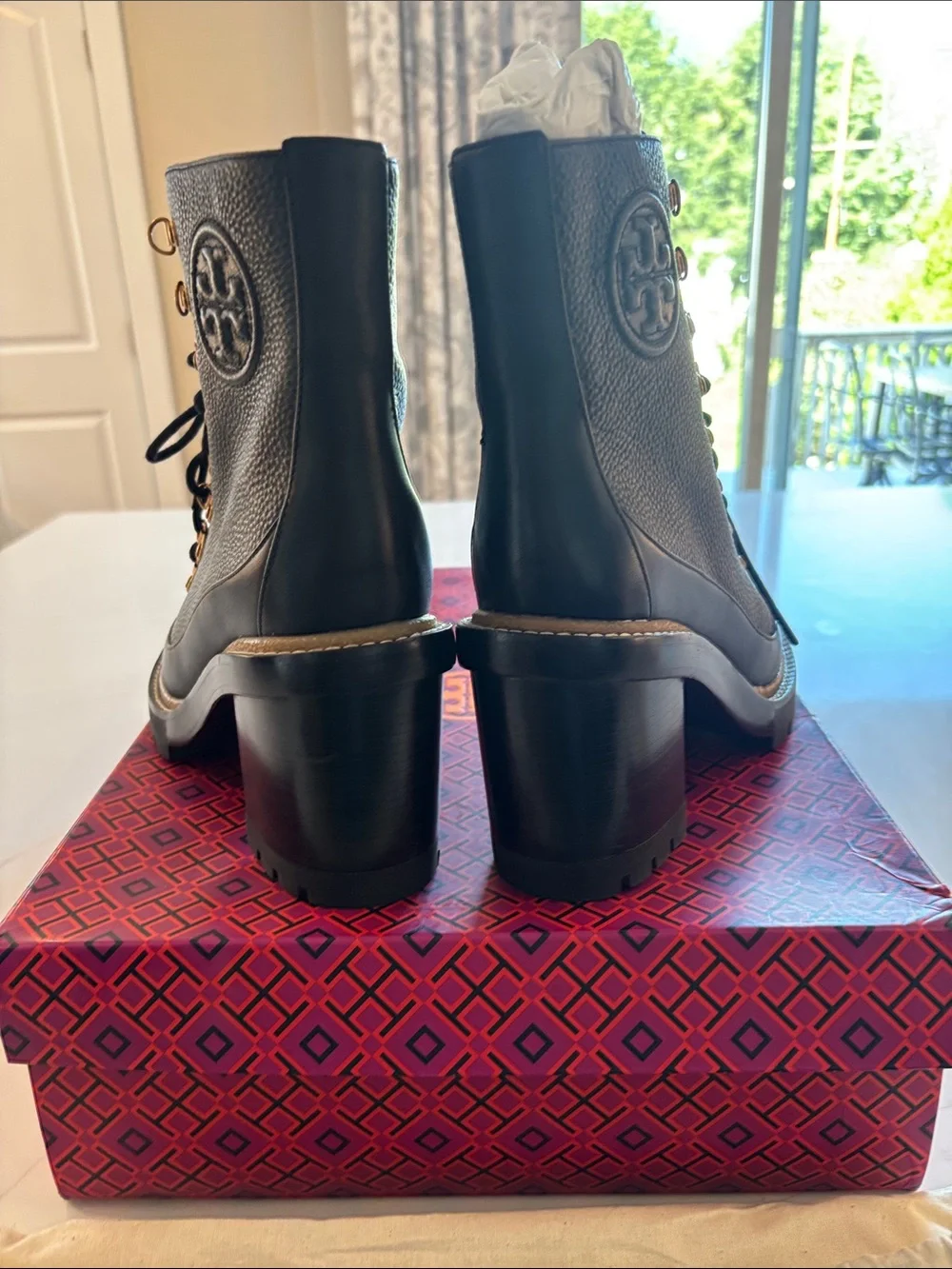 Tory Burch Black Leather Lace-Up Lug Heel Ankle Boots with Gold Hardware